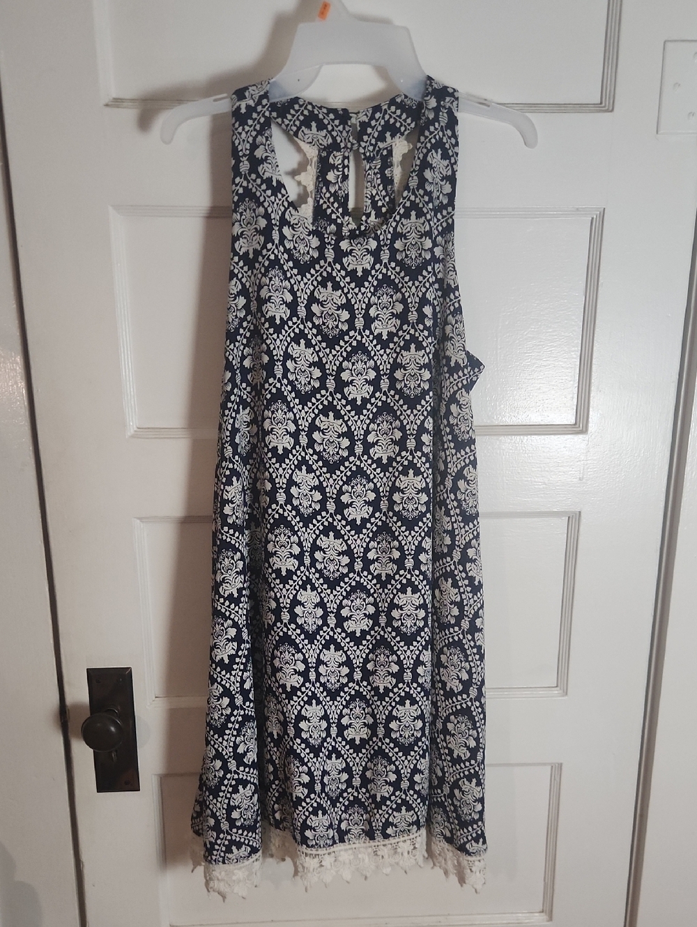 everleigh Navy and White Printed Mini Dress with Tassel Trim